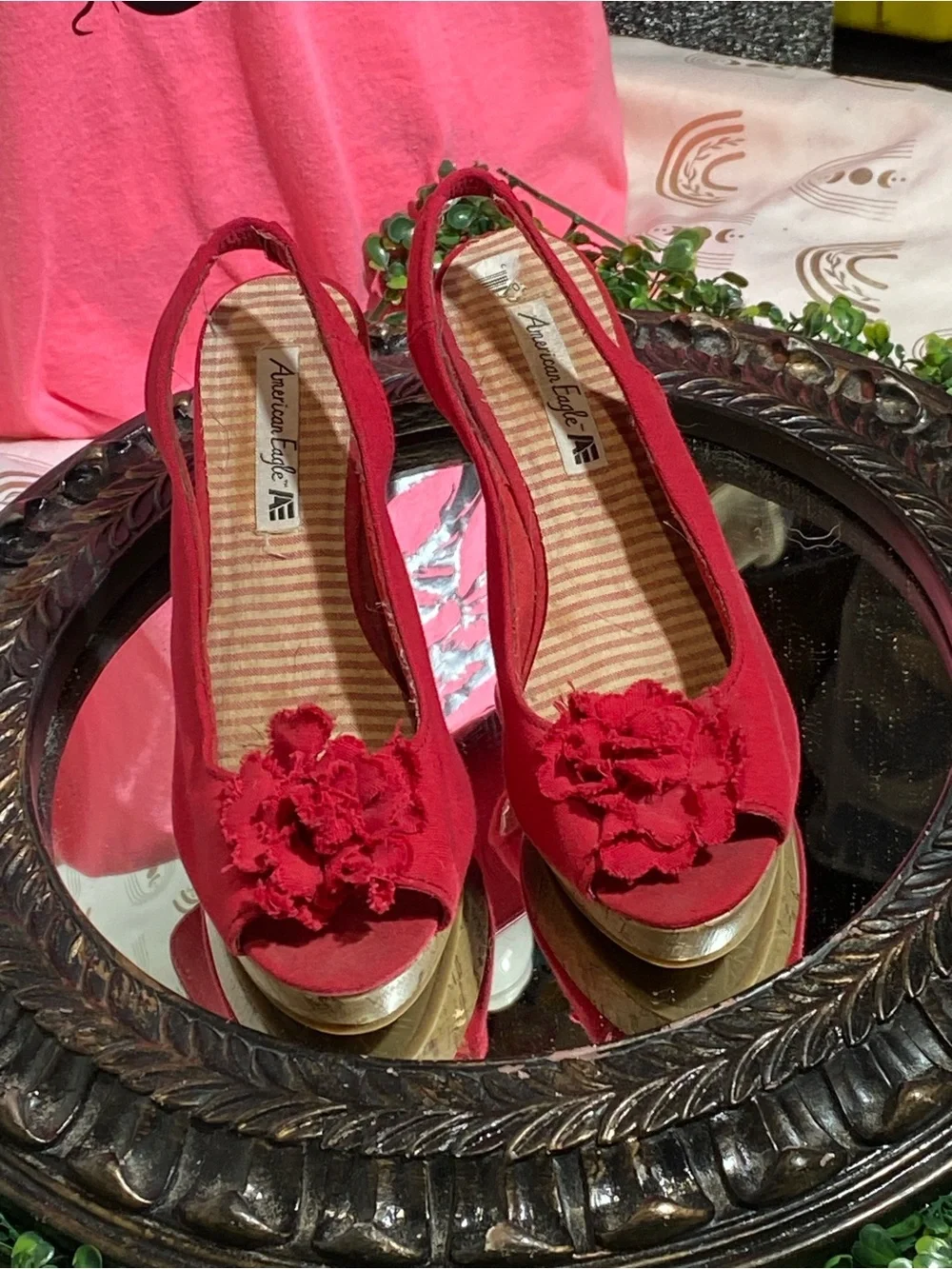 American Eagle Outfitters Red Slingback Wedge Sandals with Floral Accent